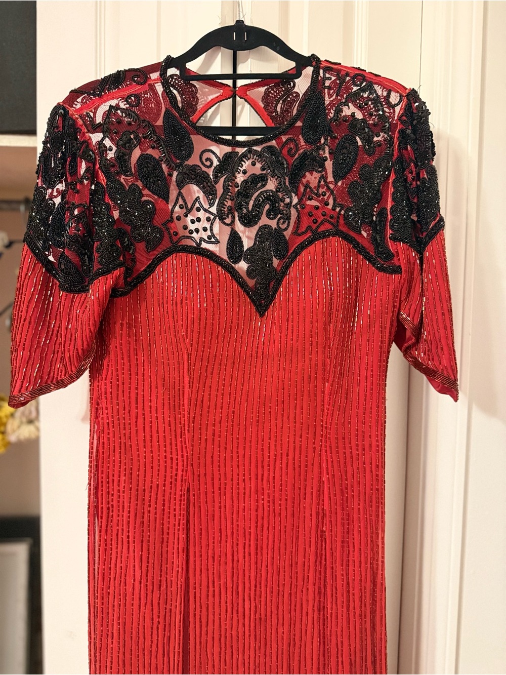 Vintage 80s Sequin Original Beaded Red Silk Evening Gown LOVE YOU Goth Size 6/8